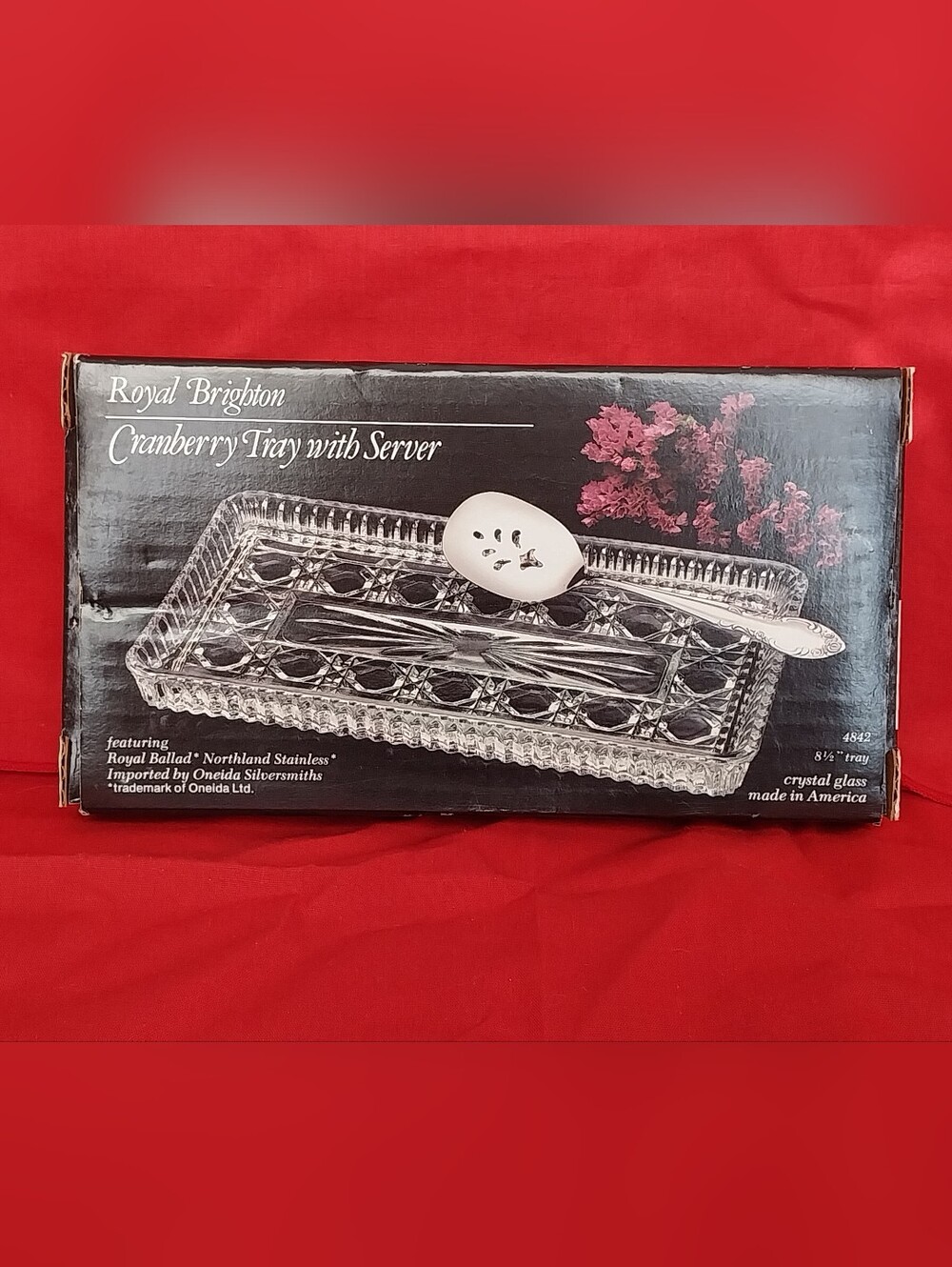 Royal Brighton Crystal Cranberry Tray w/ Oneida Server NIB Vintage